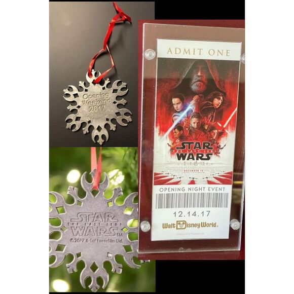 Disney Other - The Last Jedi commemorative ornament & opening night ticket in acrylic case 2017